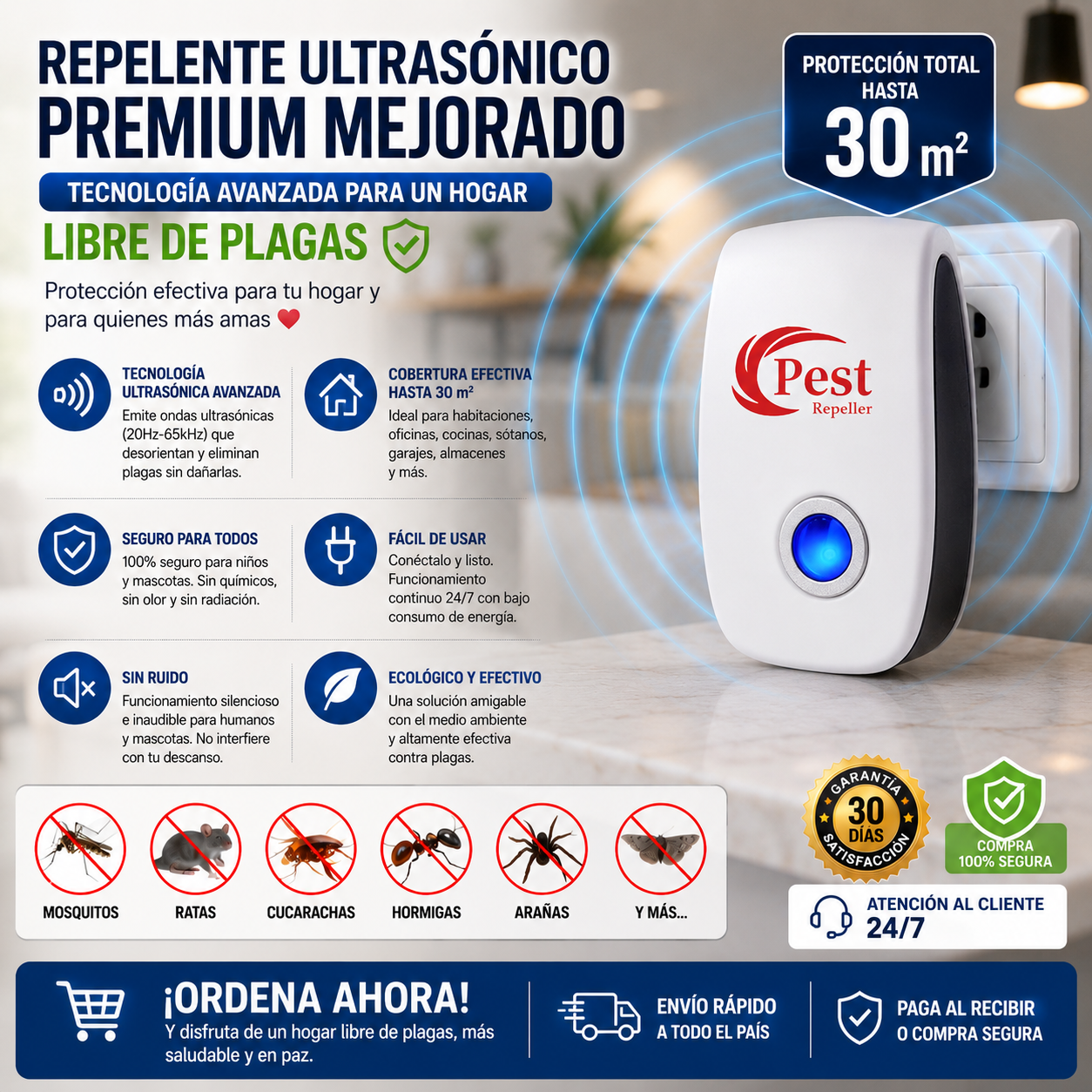 Super Oferta Especial 6X1: Despídete de Mosquitos, Ratones y Cucarachas con Protección Ultrasónica Segura, Silenciosa y sin Químicos