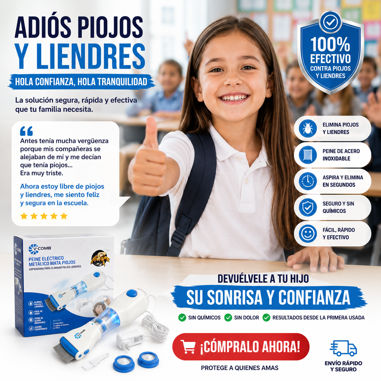 Peine Eléctrico Aspirador que Elimina Piojos, Liendres y Caspa de Forma Rápida, Segura y Sin Productos Químicos.