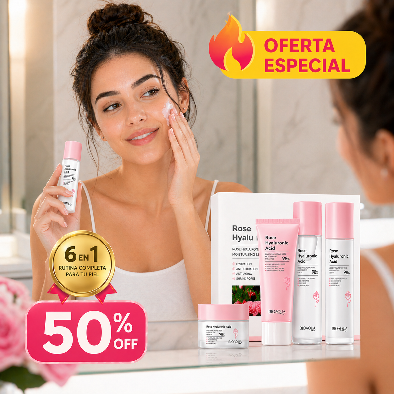 Oferta Especial 6x1 Bioaqua: Kit facial hidratante con ácido hialurónico y rosas que ilumina y reduce poros