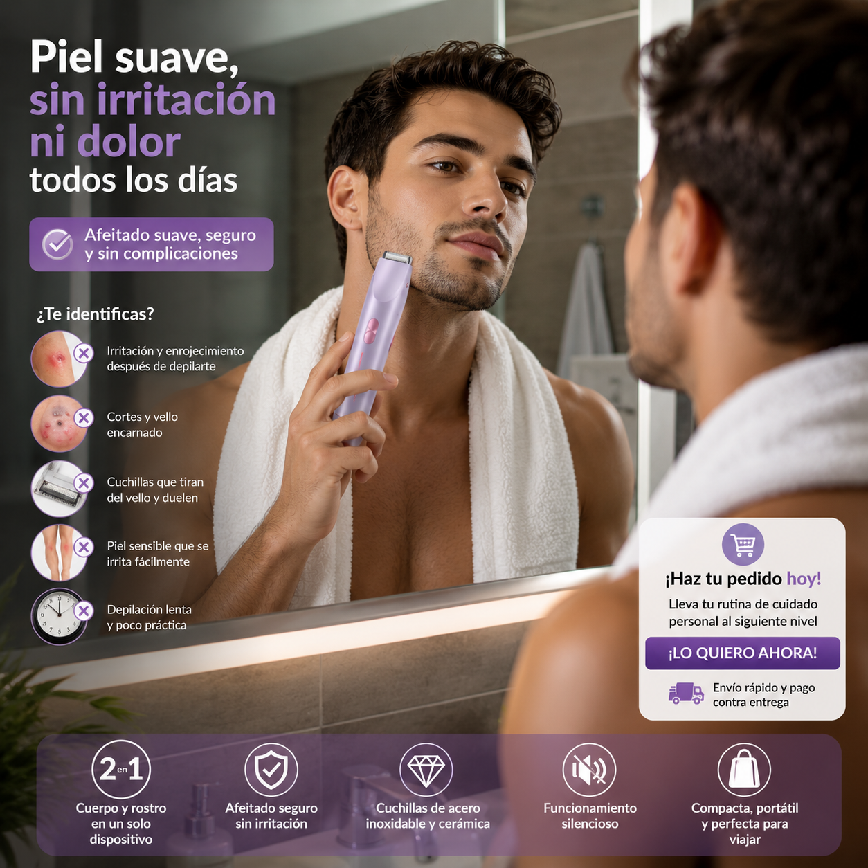 Afeitadora eléctrica 2 en 1 diseñada para un cuidado suave de rostro, cuerpo y zonas íntimas.