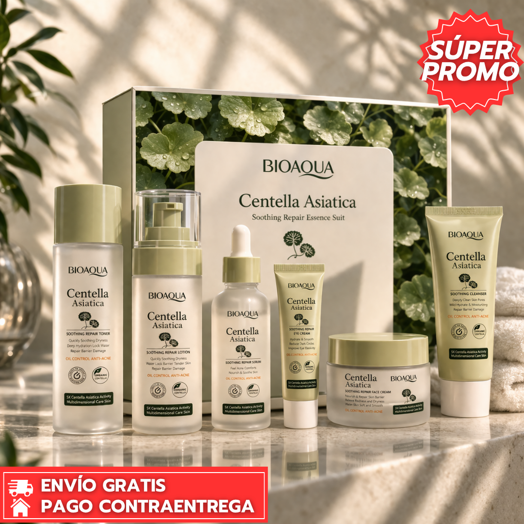 Oferta Especial 6x1 Bioaqua: Kit facial con centella asiática que repara, calma y revitaliza la piel.