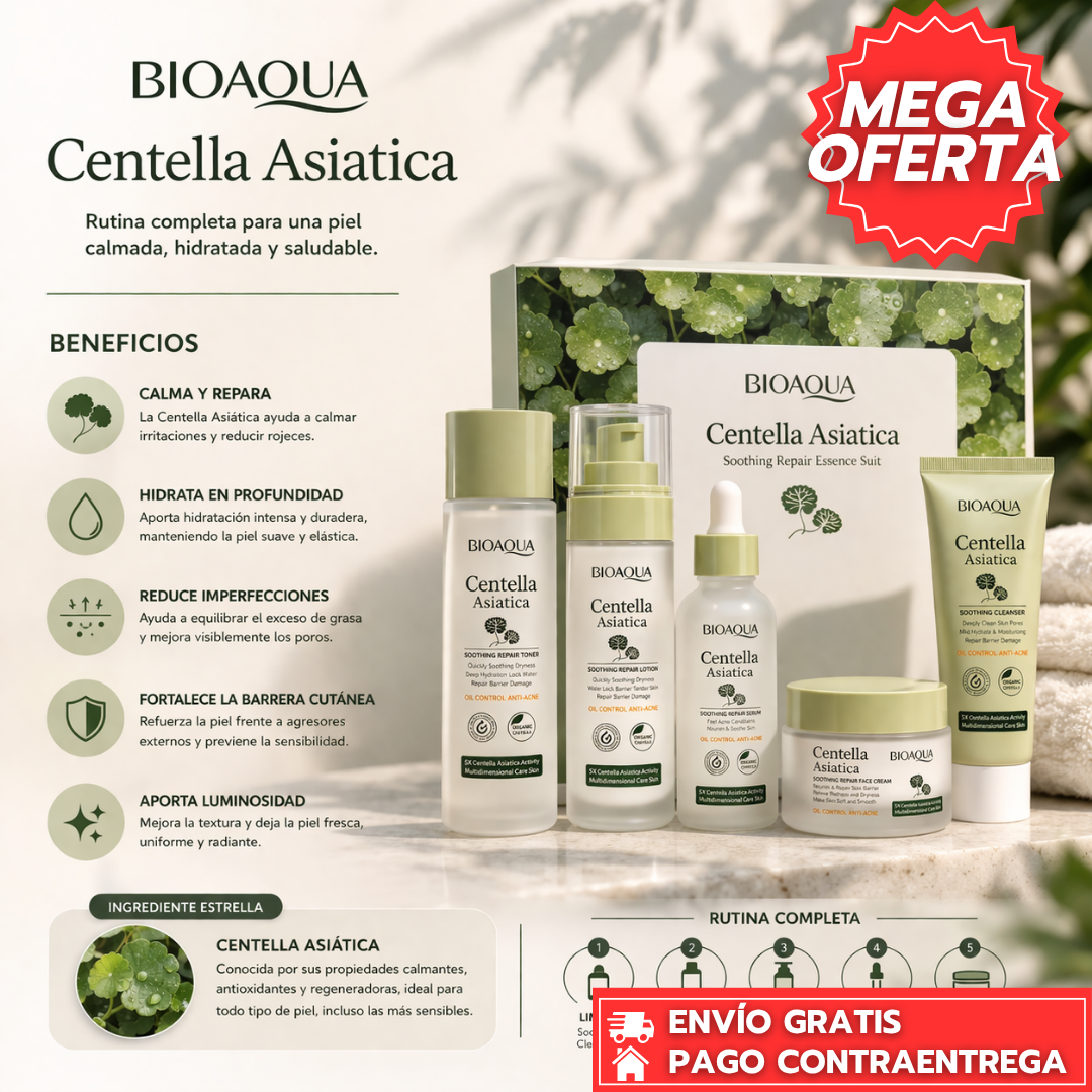 Oferta Especial 6x1 Bioaqua: Kit facial con centella asiática que repara, calma y revitaliza la piel.