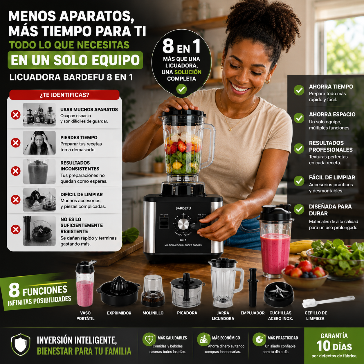 BARDEFU 8 en 1: Licuadora Multifunción de Alta Potencia para Licuar, Triturar y Mezclar con Máximo Rendimiento.