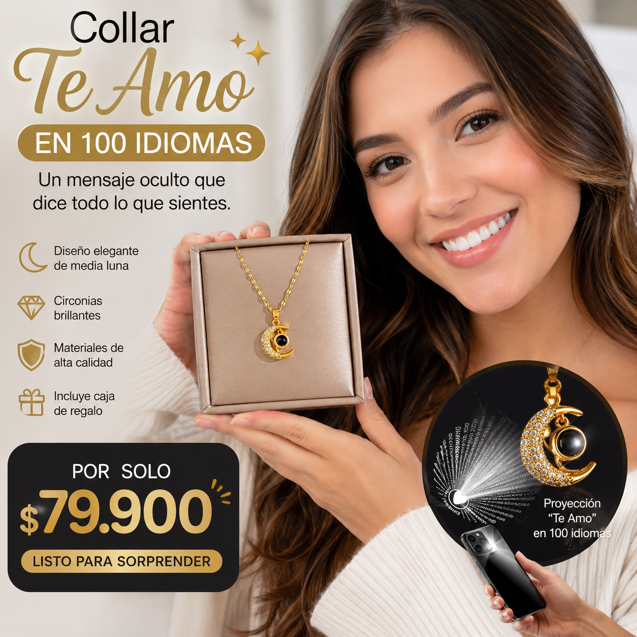 Collar Romántico con Dije de Luna y Piedra de Proyección que Revela “Te Amo” en 100 Idiomas.