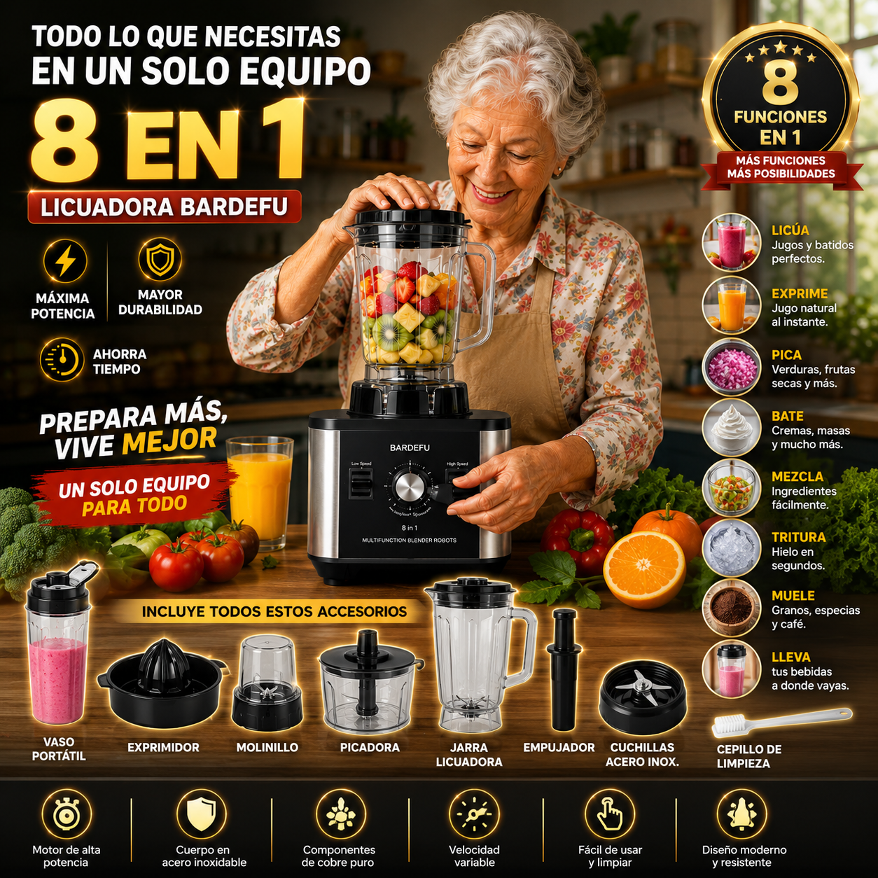 BARDEFU 8 en 1: Licuadora Multifunción de Alta Potencia para Licuar, Triturar y Mezclar con Máximo Rendimiento.