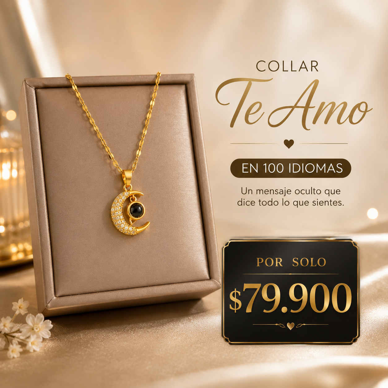 Collar Romántico con Dije de Luna y Piedra de Proyección que Revela “Te Amo” en 100 Idiomas.