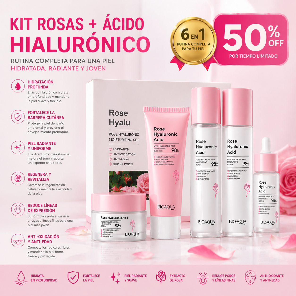 Oferta Especial 6x1 Bioaqua: Kit facial hidratante con ácido hialurónico y rosas que ilumina y reduce poros