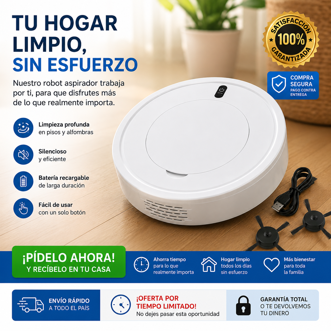 Robot aspirador 3 en 1 con limpieza automática y potente succión.
