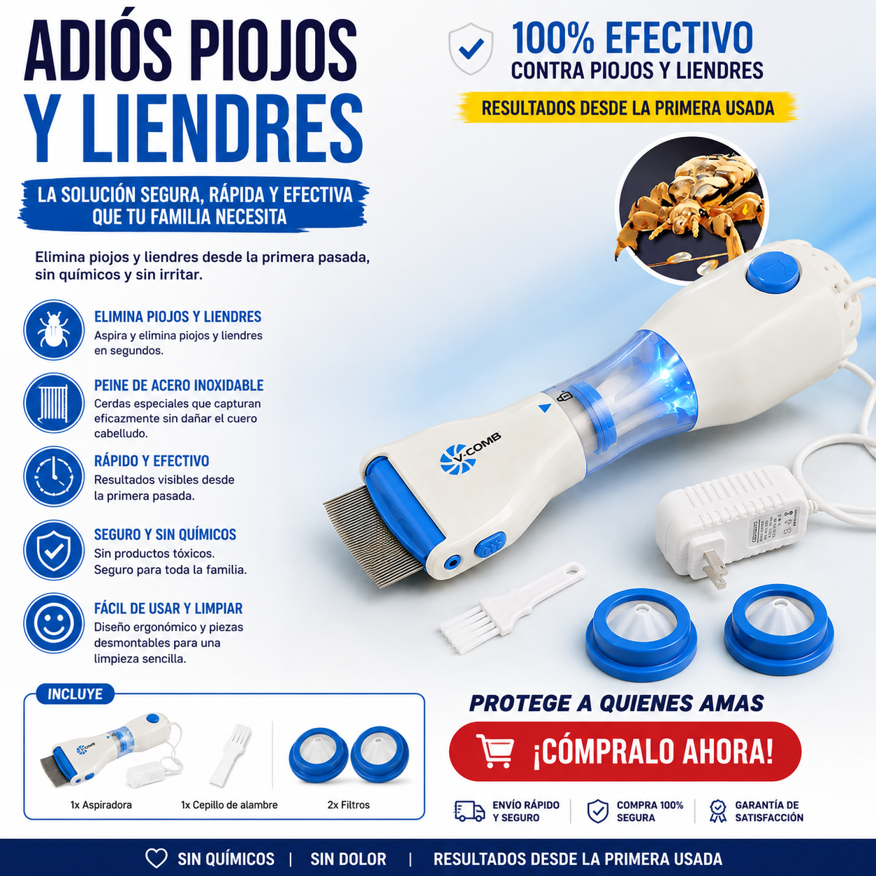 Peine Eléctrico Aspirador que Elimina Piojos, Liendres y Caspa de Forma Rápida, Segura y Sin Productos Químicos.