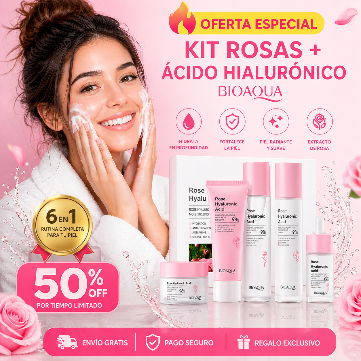 Oferta Especial 6x1 Bioaqua: Kit facial hidratante con ácido hialurónico y rosas que ilumina y reduce poros