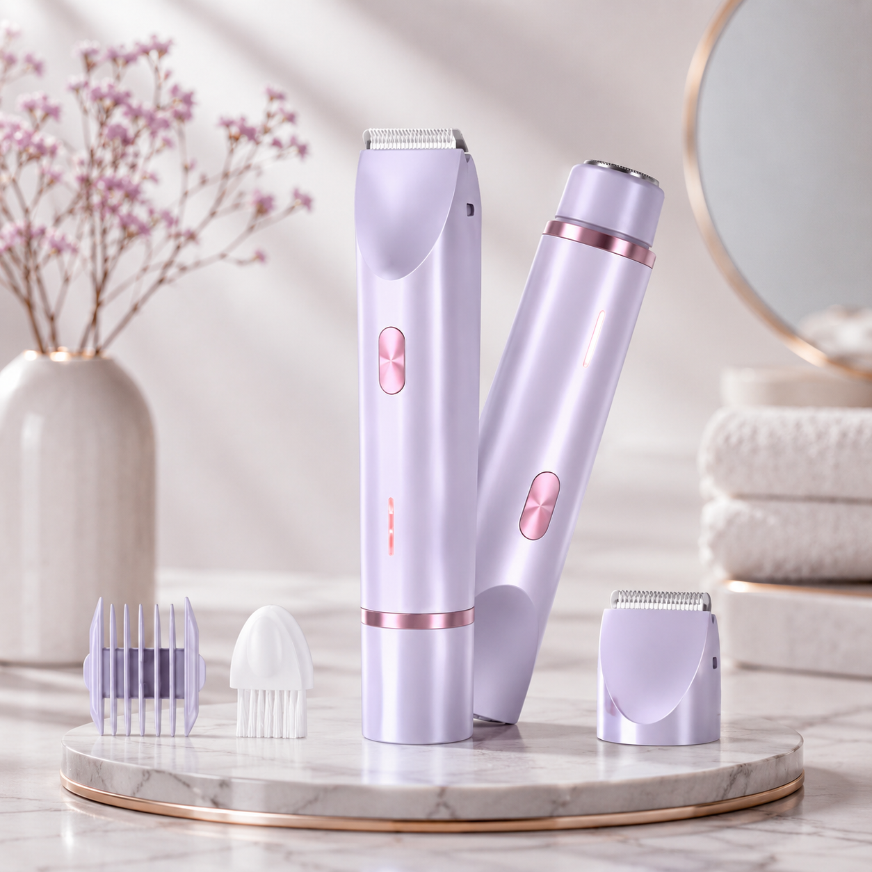 Afeitadora eléctrica 2 en 1 diseñada para un cuidado suave de rostro, cuerpo y zonas íntimas.