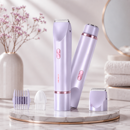 Afeitadora eléctrica 2 en 1 diseñada para un cuidado suave de rostro, cuerpo y zonas íntimas.