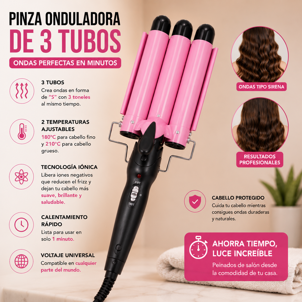 Pinza onduladora de 3 tubos que crea ondas tipo sirena de forma rápida y con acabado duradero.