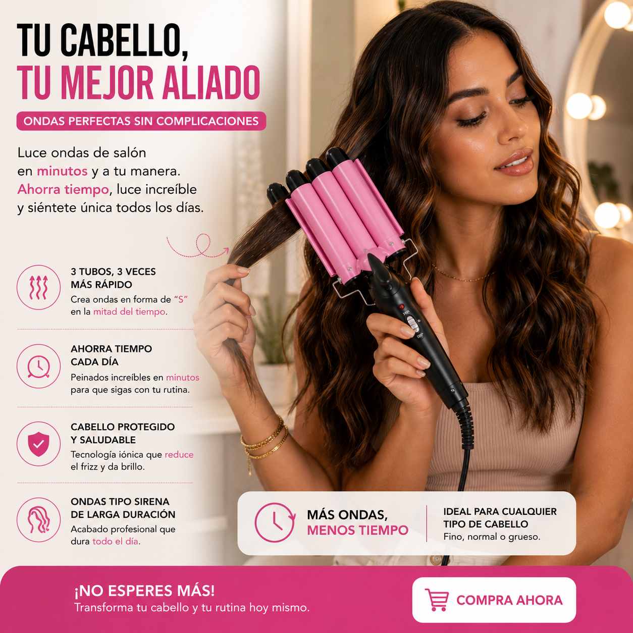 Pinza onduladora de 3 tubos que crea ondas tipo sirena de forma rápida y con acabado duradero.