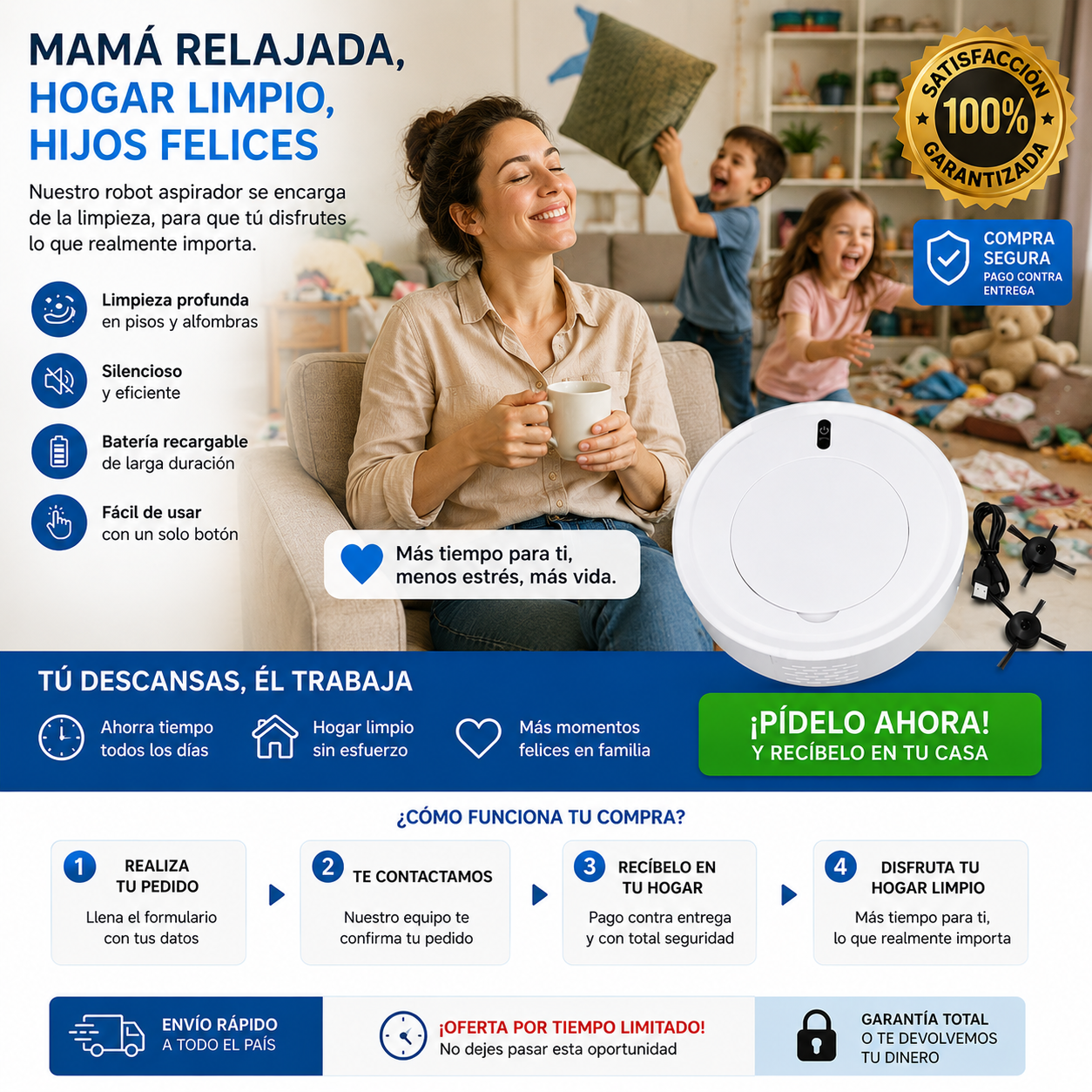 Robot aspirador 3 en 1 con limpieza automática y potente succión.