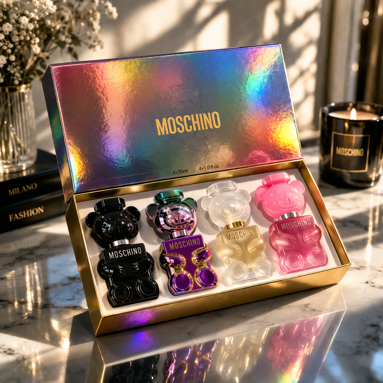 Estuche de Perfumes Moschino X4: fragancias en diseño Teddy Bear que combinan estilo y elegancia en uno
