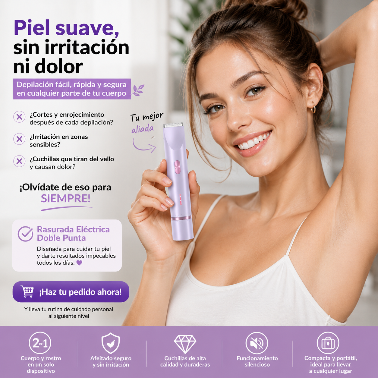 Afeitadora eléctrica 2 en 1 diseñada para un cuidado suave de rostro, cuerpo y zonas íntimas.