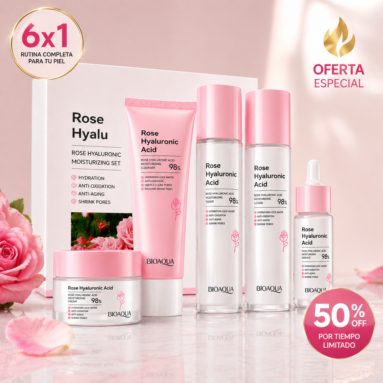 Oferta Especial 6x1 Bioaqua: Kit facial hidratante con ácido hialurónico y rosas que ilumina y reduce poros