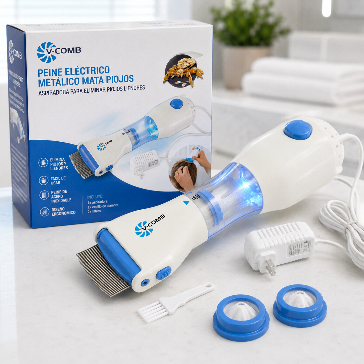 Peine Eléctrico Aspirador que Elimina Piojos, Liendres y Caspa de Forma Rápida, Segura y Sin Productos Químicos.