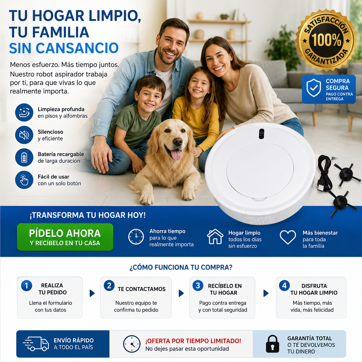 Robot aspirador 3 en 1 con limpieza automática y potente succión.