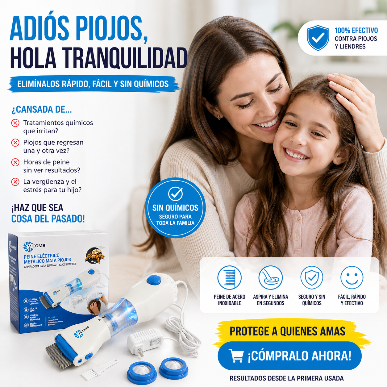 Peine Eléctrico Aspirador que Elimina Piojos, Liendres y Caspa de Forma Rápida, Segura y Sin Productos Químicos.