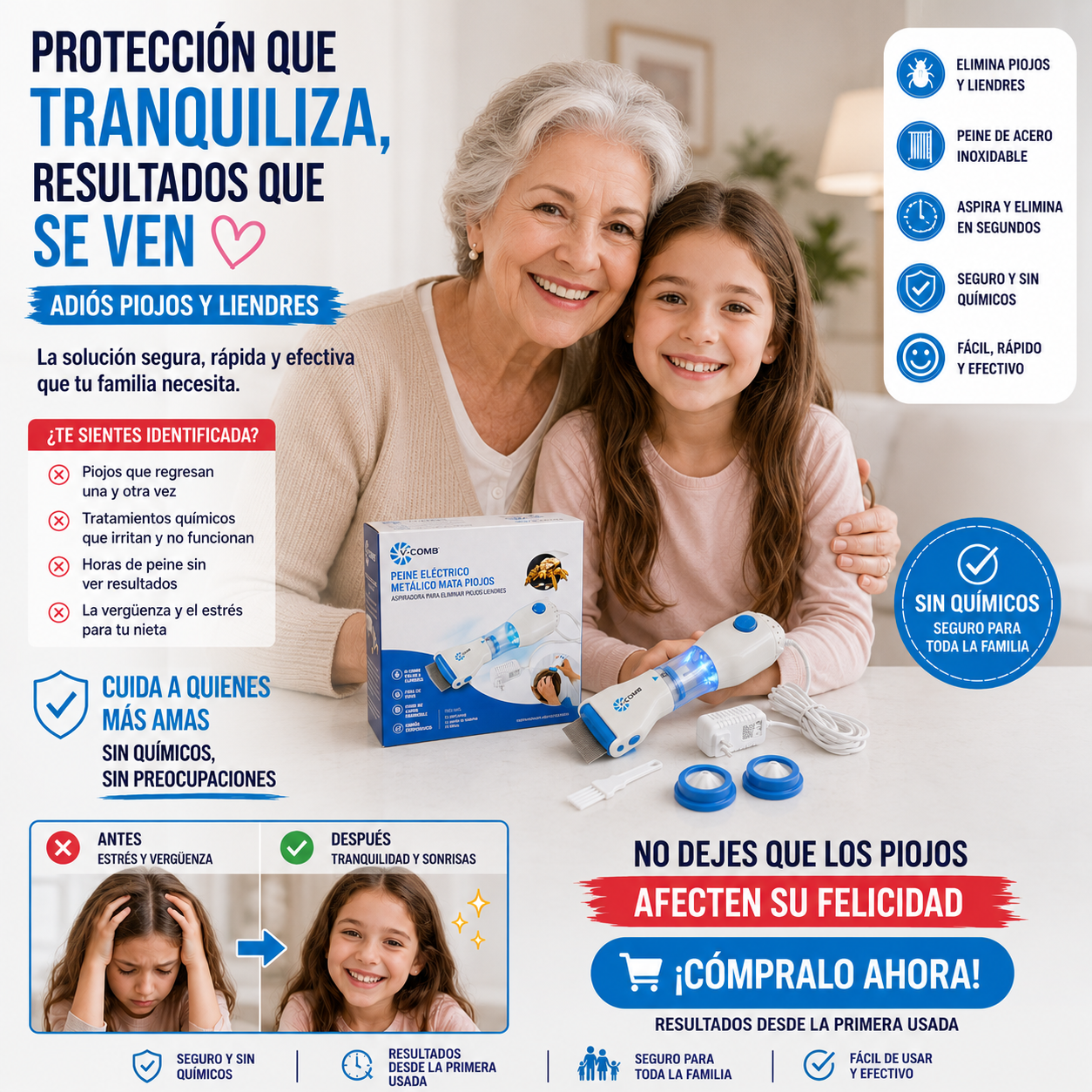 Peine Eléctrico Aspirador que Elimina Piojos, Liendres y Caspa de Forma Rápida, Segura y Sin Productos Químicos.