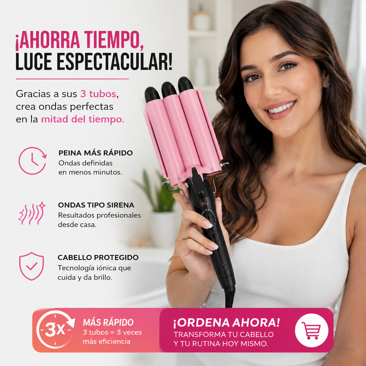 Pinza onduladora de 3 tubos que crea ondas tipo sirena de forma rápida y con acabado duradero.