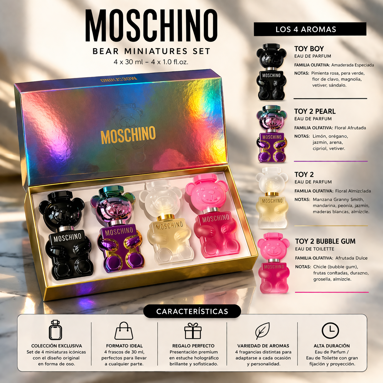 Estuche de Perfumes Moschino X4: fragancias en diseño Teddy Bear que combinan estilo y elegancia en uno
