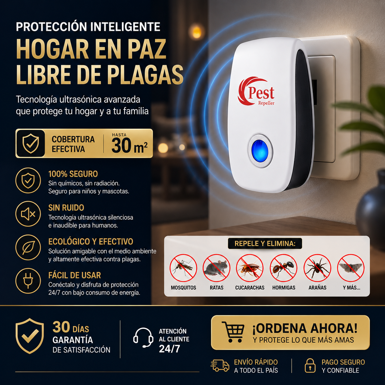 Super Oferta Especial 6X1: Despídete de Mosquitos, Ratones y Cucarachas con Protección Ultrasónica Segura, Silenciosa y sin Químicos