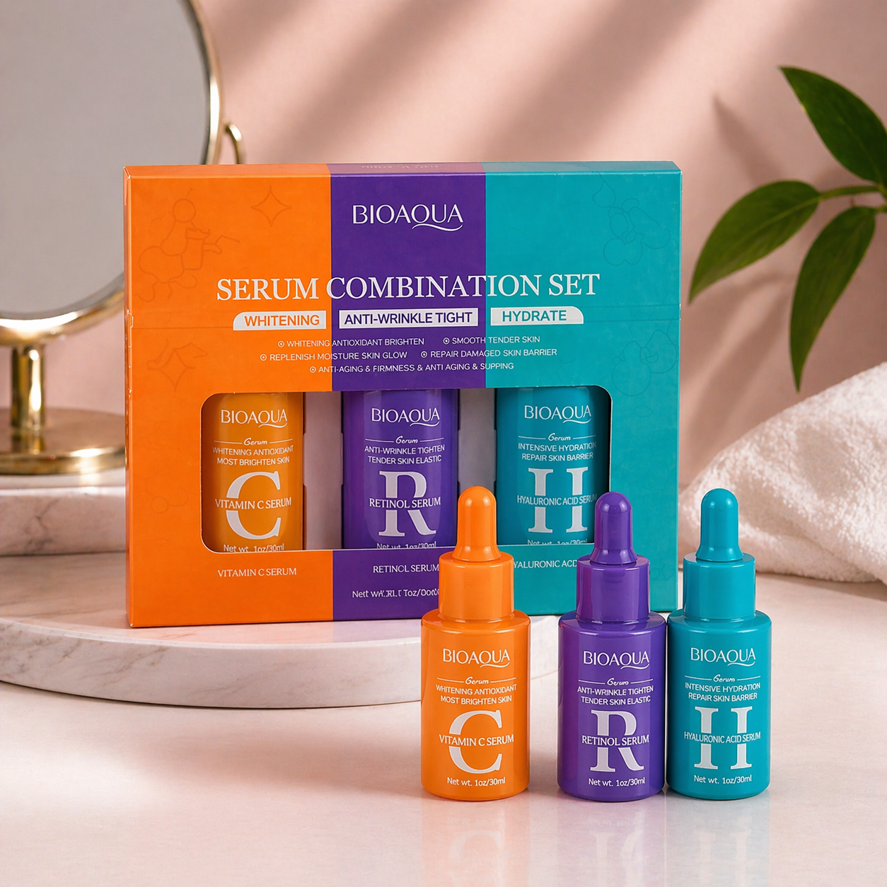 Bioaqua X3 Sérums que iluminan, rejuvenecen e hidratan la piel.