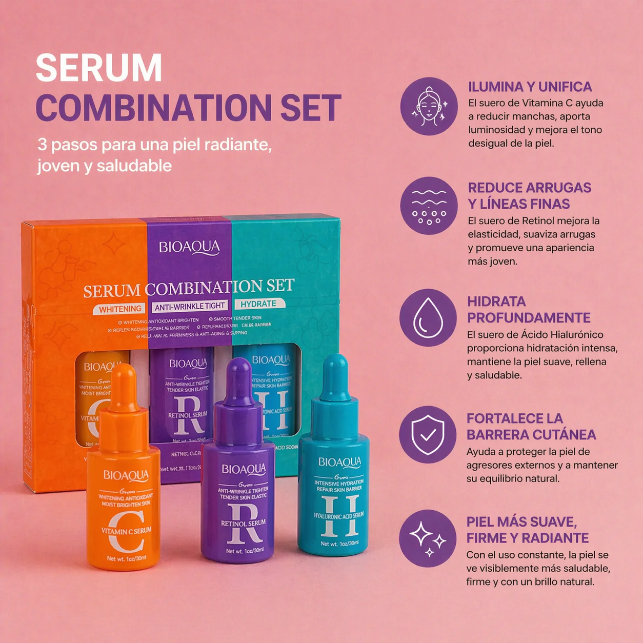 Bioaqua X3 Sérums que iluminan, rejuvenecen e hidratan la piel.