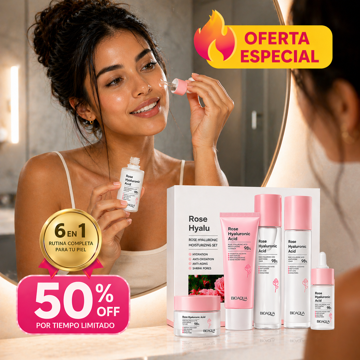Oferta Especial 6x1 Bioaqua: Kit facial hidratante con ácido hialurónico y rosas que ilumina y reduce poros